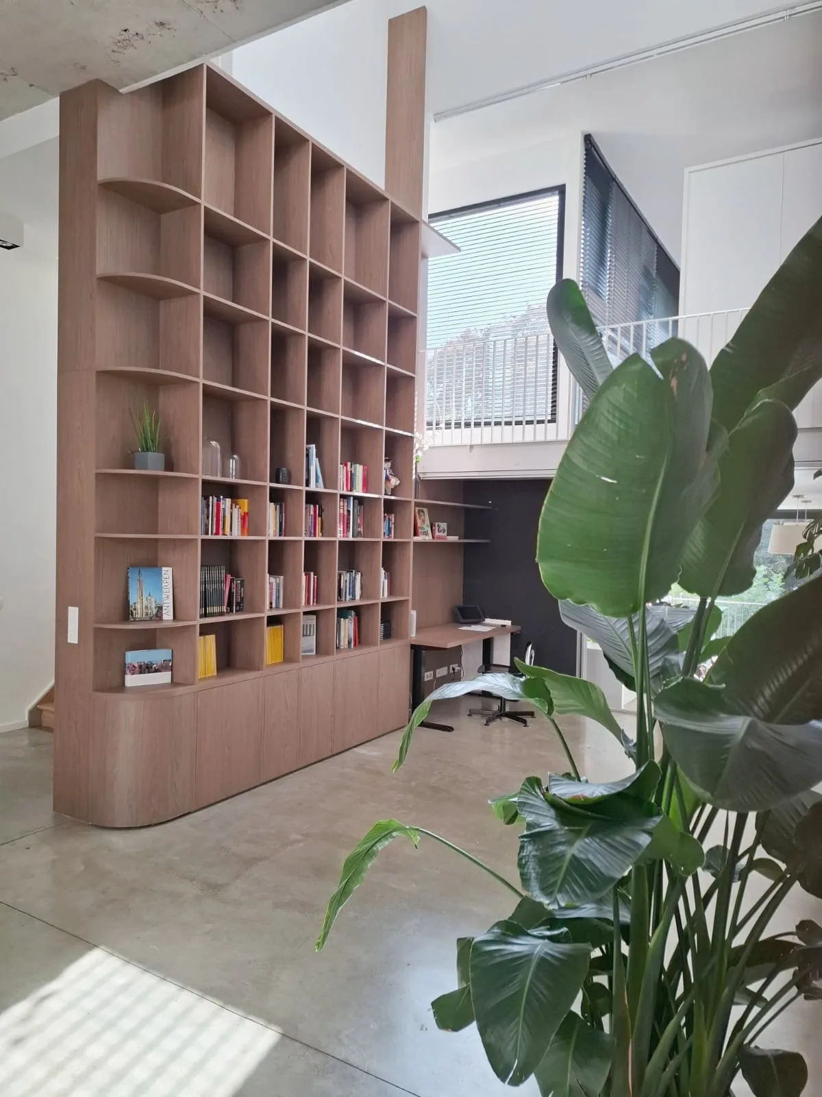 De eiken boekenkast tot in de vide, met een strelitzia